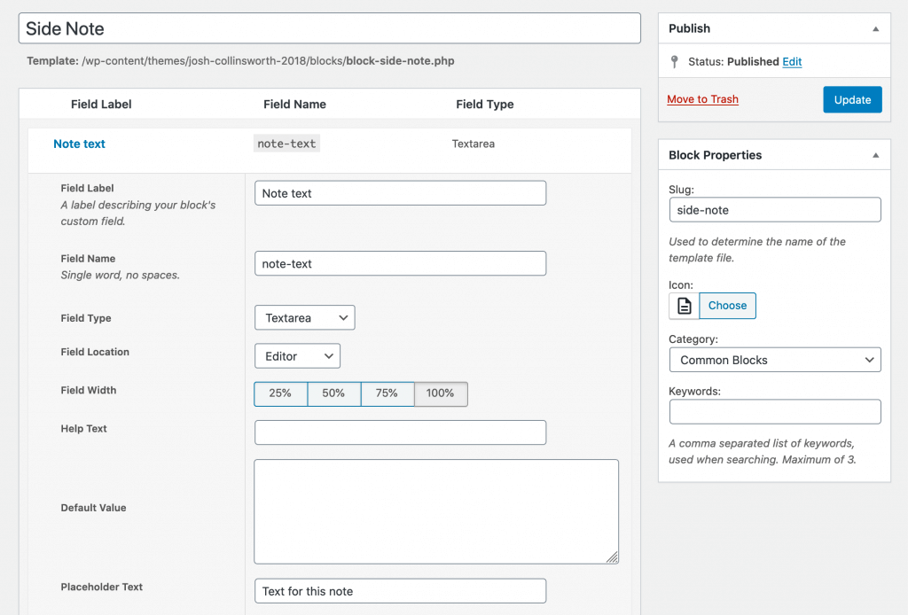 The config options for my example “Side Note” block from this site; as a textarea field type with field location set to “Editor.”